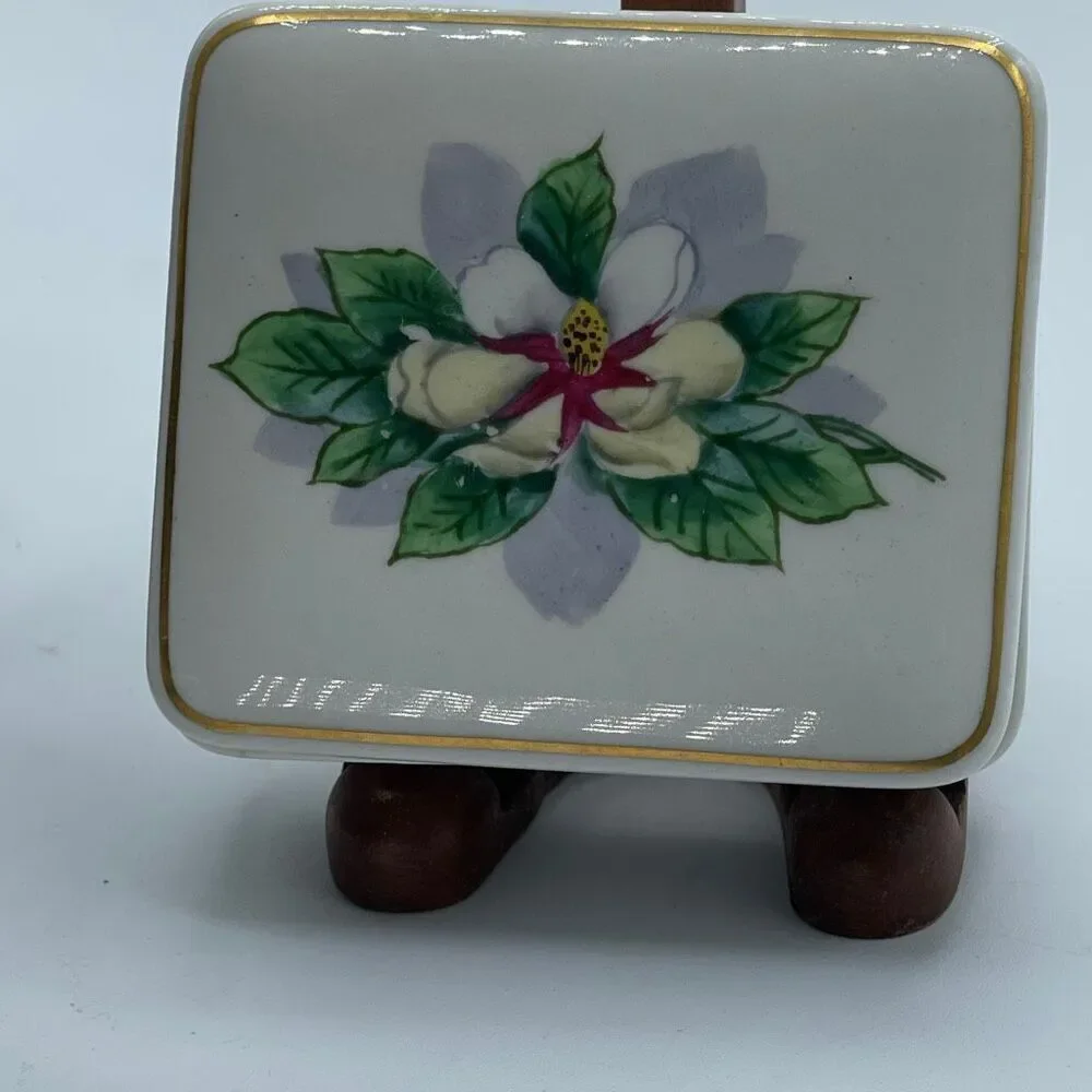 Vintage white ceramic trinket box magnolia pattern gold trim